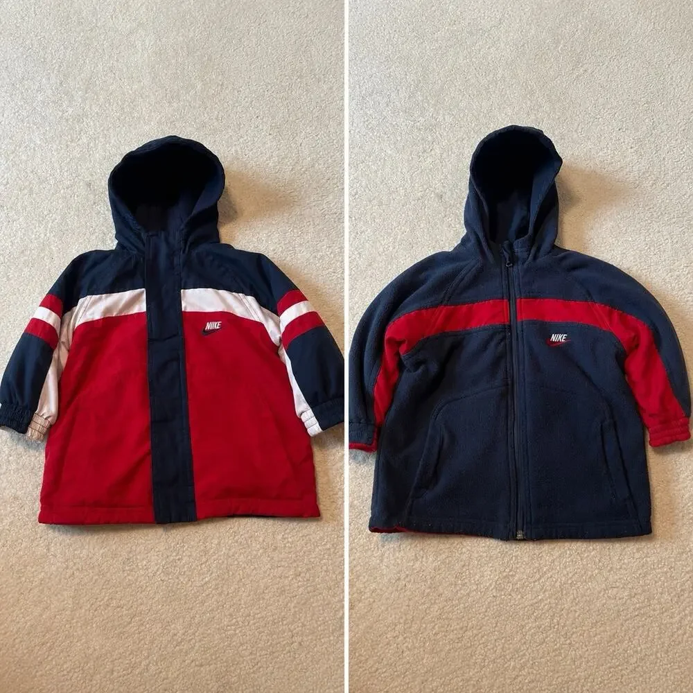 Nike Jacket Boys 4T Blue Red Reversible Softshell Fleece Hood Outdoor School